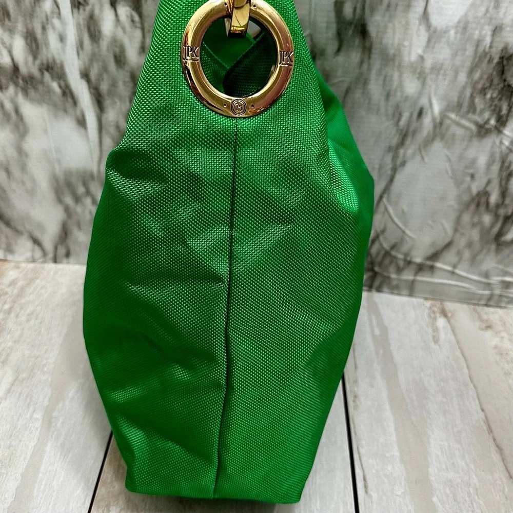 Vibrant Green Nylon Hobo Shoulder Bag Black Strap Gold Hardware Tote Bold Bright